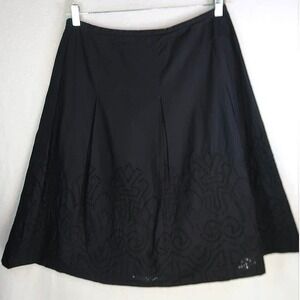 TALBOTS Pleated Embroidered Eyelet Skirt 10 Black Cotton Classic A-Line Skirt